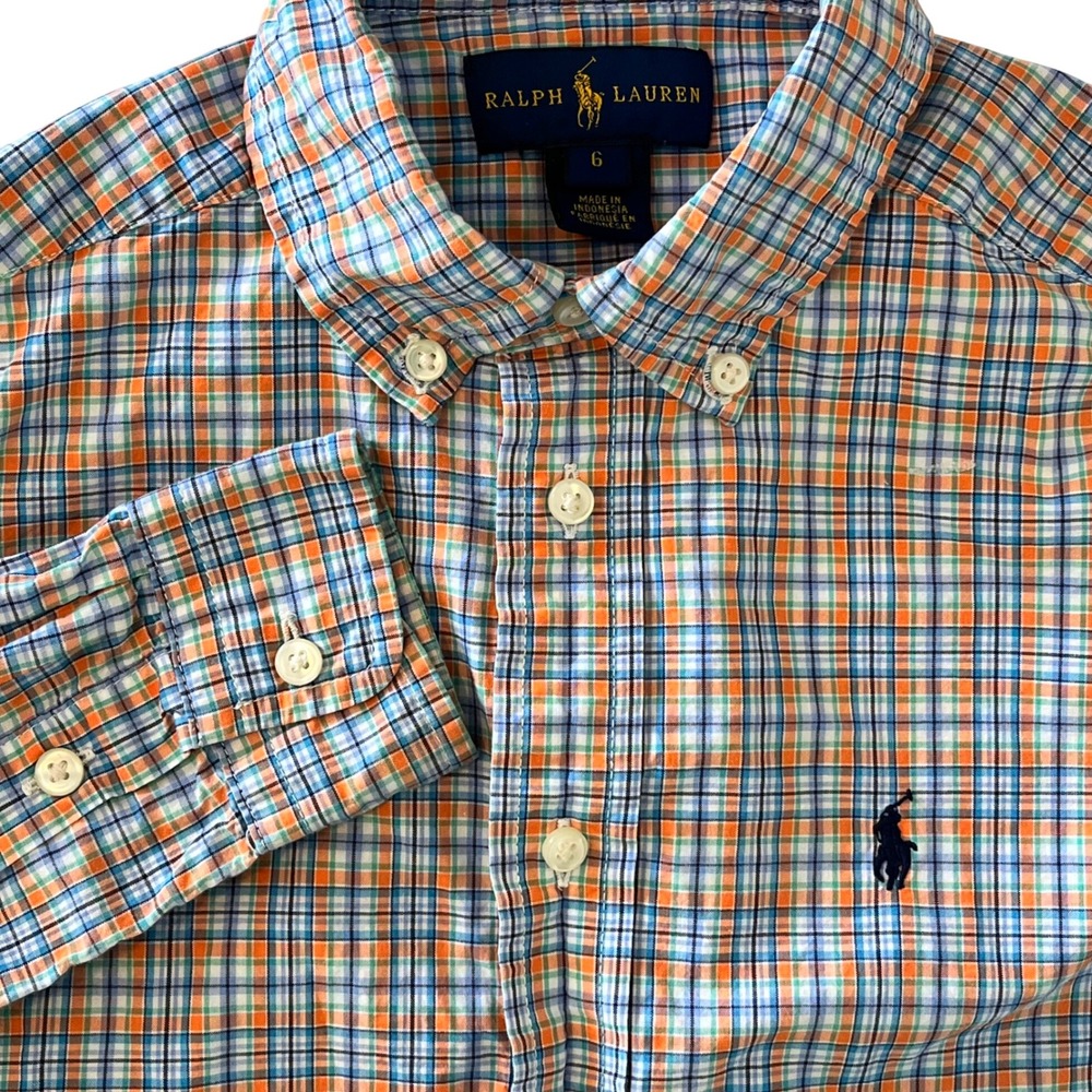 Ralph Lauren Boys Long Sleeve Button Up Blue Orange Plaid Check Size 6